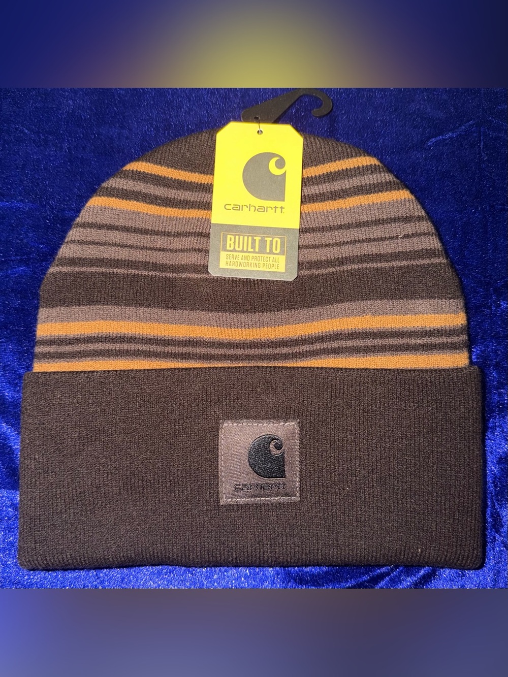 Carhartt Brown and Tan Striped Knit Cuffed Beanie